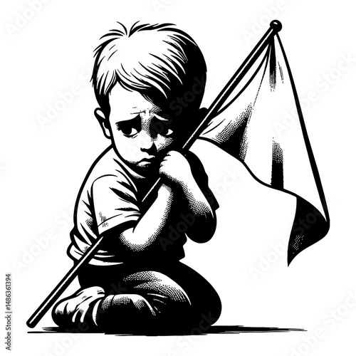 Sad Boy Holding White Flag Sitting in Black and White Outline Line Art Drawing