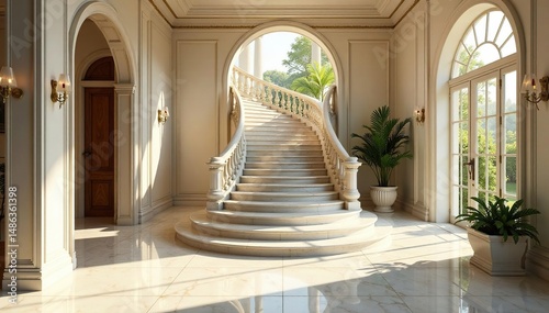 Sun-drenched marble staircase in a lavish villa, showcasing opulent design , steps, texture, upscale