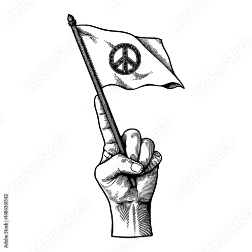 Hand Waving a Flag with Peace Symbol Black and White Outline Line Art Drawing Vintage Design