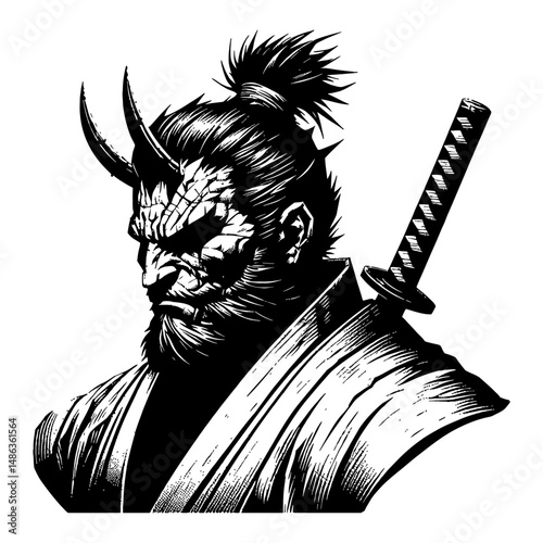 Orc Ogre Oni Samurai Ronin with Sword Black and White Outline Line Art Drawing Illustration