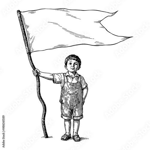 Sad Little Boy Holding White Flag Illustration Black and White Outline Line Art Drawing 