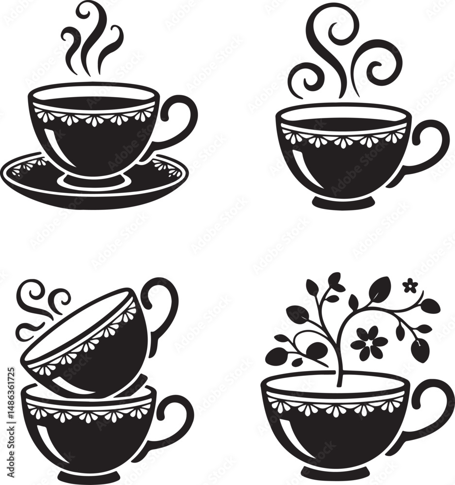 Obraz premium Tea Cup silhouette set vector illustration isolated On Transparent Background