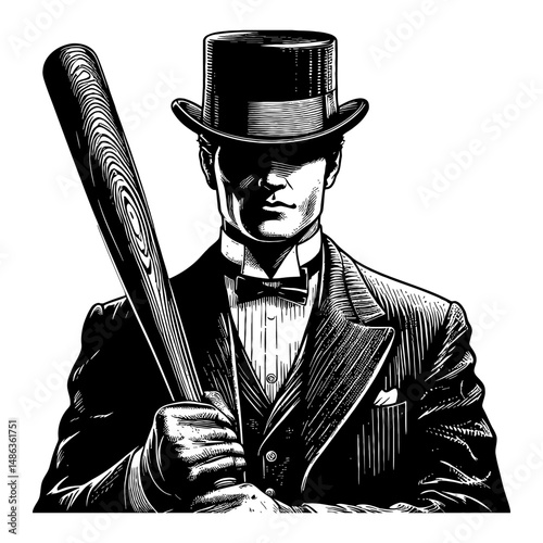 Vintage Gentleman Thug with Top Hat Holding Baseball Bat in Black and White Outline Line Art Drawing