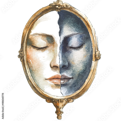 Mirror Reflecting A Different Face, watercolor vector, high quality, isolated on a white background.