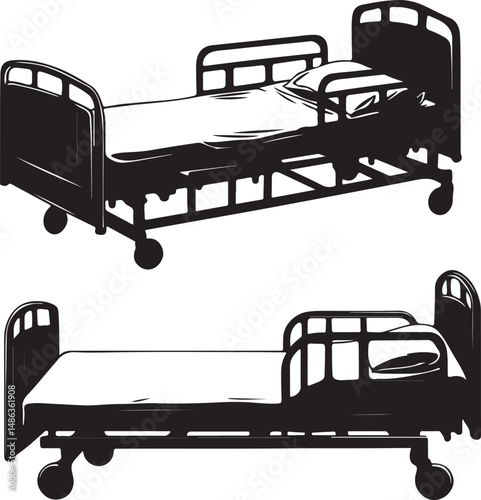 Silhouette Hospital Beds: Vector Illustration, Medical Equipment