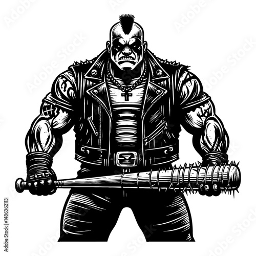 Muscular Thug Hodling Spiky Baseball Bat in Black and White Outline Line Art Drawing