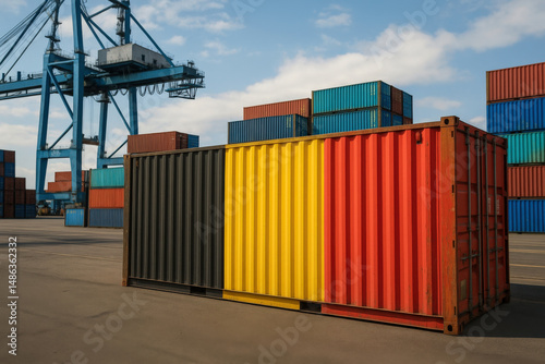 Shipping container with Germany's national flag in modern port environment, depicting European trade and supply movement.
 photo