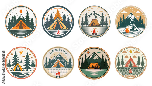 Vintage camping logo set with tents, pine trees, campfires and mountain scenery in circular badge design. Perfect for outdoor adventure, travel, hiking, and nature exploration branding.