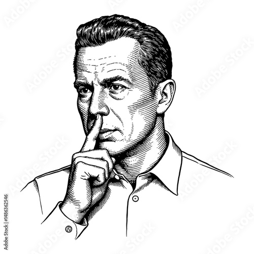 Man with Finger on Lips Asking to Be Quiet Black and White Outline Line Art Drawing