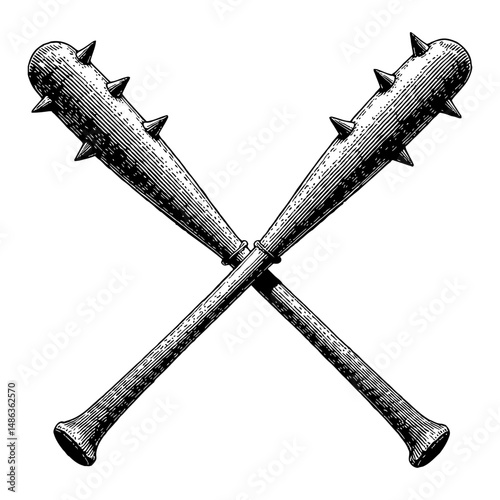 Crossed Baseball Bats with Spikes Black and White Outline Line Art Drawing Illustration