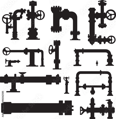 Silhouette Industrial Pipe Fittings Set Vector Illustration