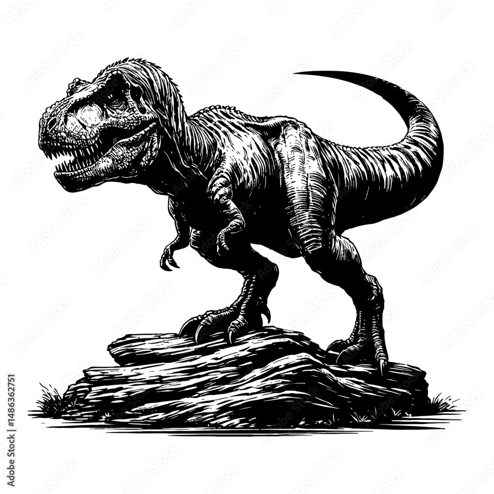 Tyrannosaurus Rex or T Rex Standing on Rock Black and White Outline Line Art Drawing