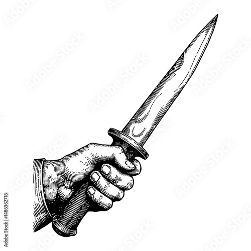 Hand Holding a Dagger Black and White Outline Line Art Drawing Woodcut Style Detailed Graphic