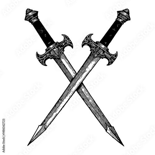 Crossed Daggers Vintage Black and White Outline Line Art Drawing for War or Game Theme Design