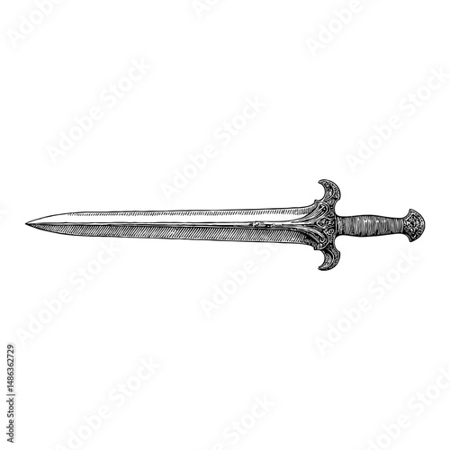 Ornate Medieval Dagger Black and White Outline Line Art Drawing of a Sharp Weapon Design