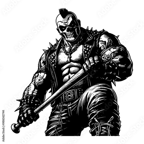 Muscular Thug with Skull Face Holding Spiky Baseball Bat Black and White Outline Line Art Drawing