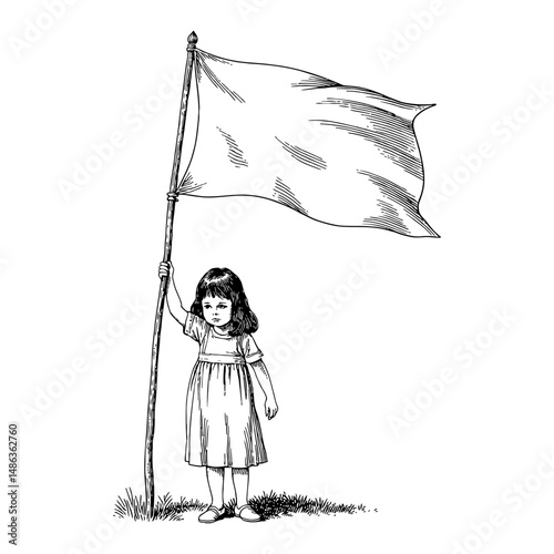 Sad Little Girl Holding White Flag Black and White Outline Line Art Drawing Illustration