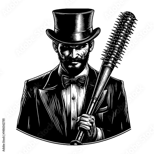 Vintage Gentleman Thug with Top Hat Holding Spiked Baseball Bat Black and White Outline Line Art