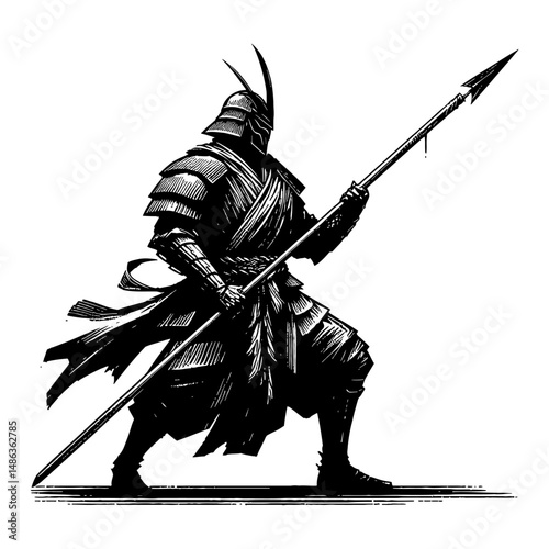 Warrior Holding Long Spear In Armor Black and White Outline Line Art Drawing Illustration