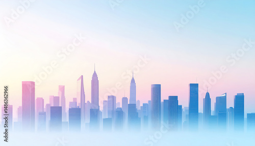 Minimal business skyline background, modern skyscrapers with clean lines, soft haze