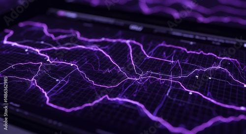 Abstract purple network data visualization background with glowing data lines