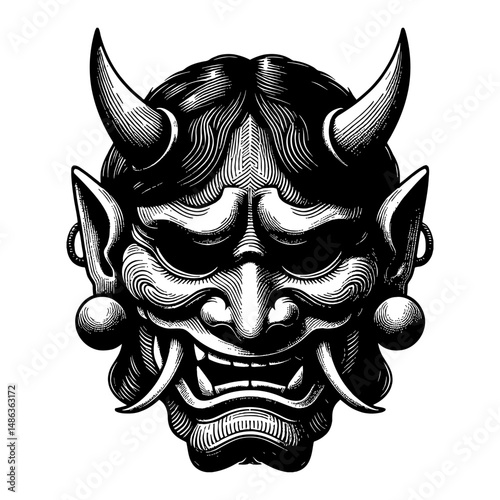Japanese Oni Mask with Horns Black and White Outline Line Art Drawing Style Illustration