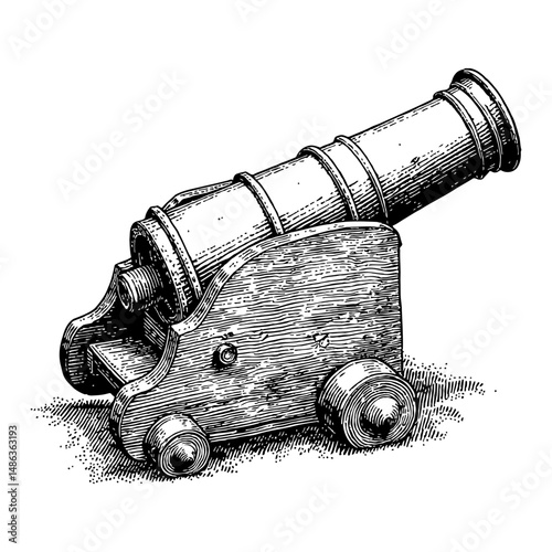 Medieval Cannon Black and White Outline Line Art Drawing of Weaponry Artillery Woodcut Style