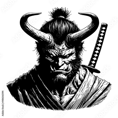 Orc Ogre Oni Samurai Ronin with Horns Sword Black and White Outline Line Art Drawing