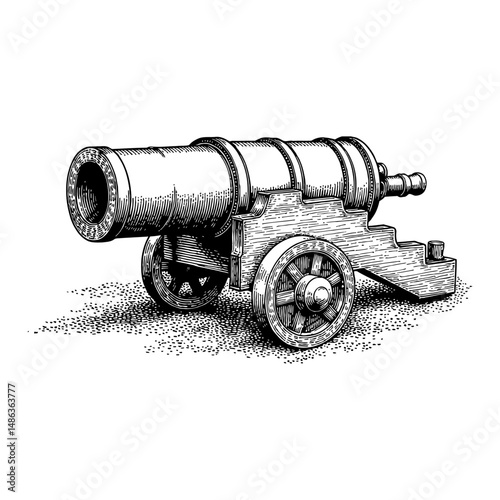 Medieval Cannon Side View Isolated on White Background in Black and White Outline Line Art Drawing