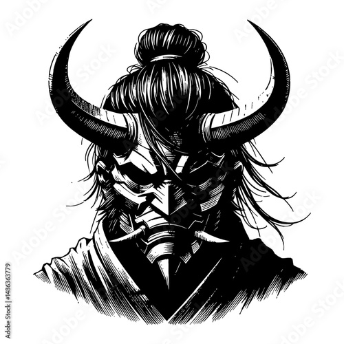 Ogre Oni Samurai Ronin with Horns Mask and Hairstyle Black and White Outline Line Art Drawing