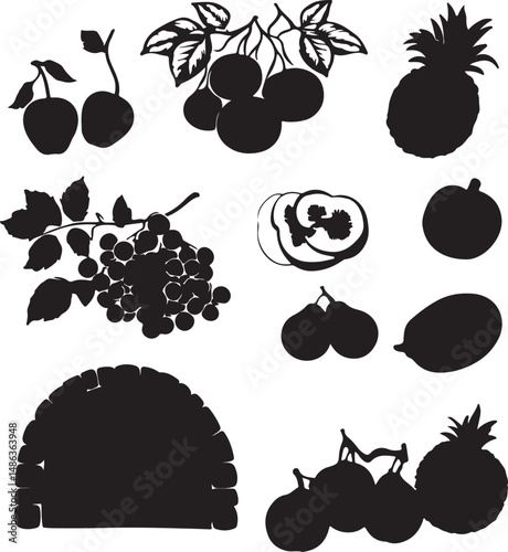 Black Silhouette Fruit Collection: Cherries, Grapes, Pineapple, and More