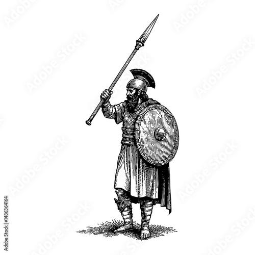 Warrior Holding Spear and Shield in Antique Black and White Outline Line Art Drawing