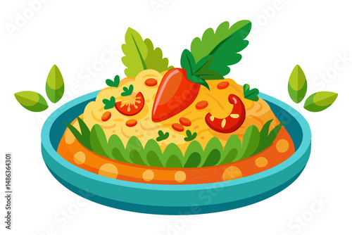 bulgar pilaf dish with shrimps bell peppers and greens