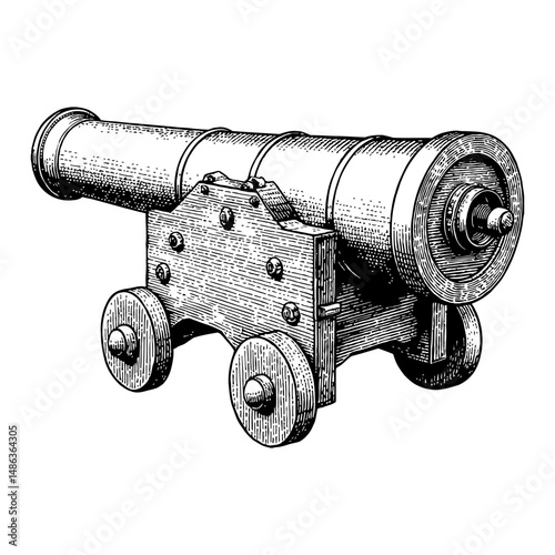 Medieval Cannon Antique War Machine Black and White Outline Line Art Drawing Vector