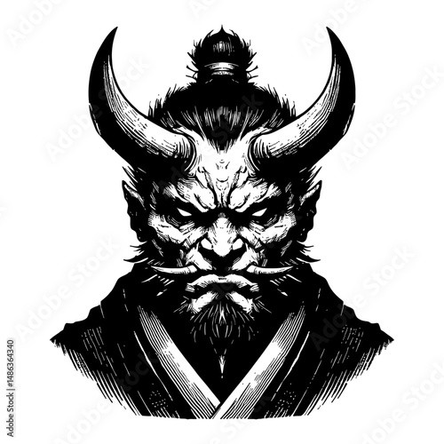 Orc Ogre Oni Samurai Ronin Face with Horns in Black and White Outline Line Art Drawing