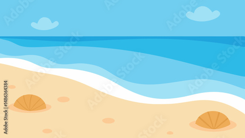 relaxing beach with scattered seashells and waves