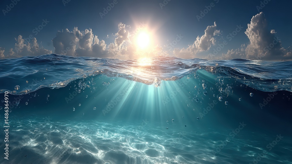 Naklejka premium Serene split view of crystal blue waters above and below perspectives
