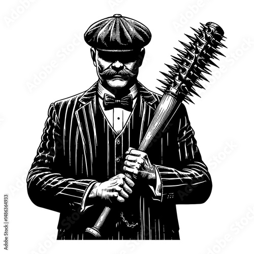 Vintage Gentleman Thug with Flat Cap Holding Spiked Baseball Bat Black and White Outline Line Art Drawing