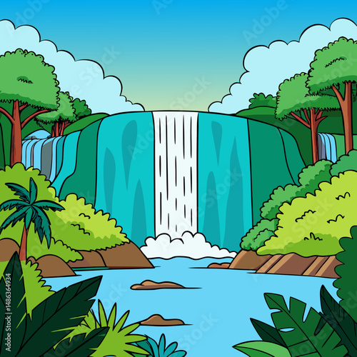 Majestic waterfall cascading through vibrant lush greenery, perfect for nature, travel, and outdoor-themed designs