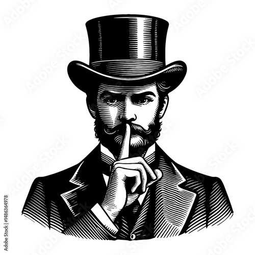 Vintage Gentleman with Hand on Lips Asking Quite Black and White Outline Line Art Drawing