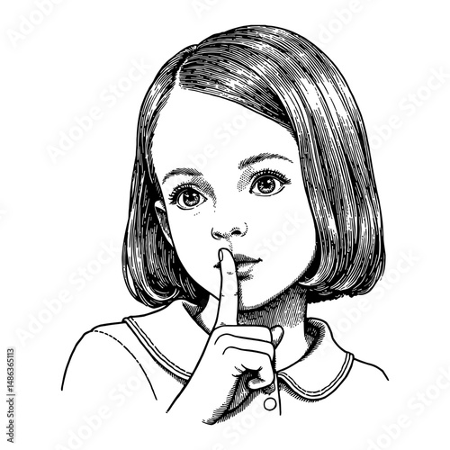 A Girl with Finger on Lips Asking to Be Quiet in Black and White Outline Line Art Drawing