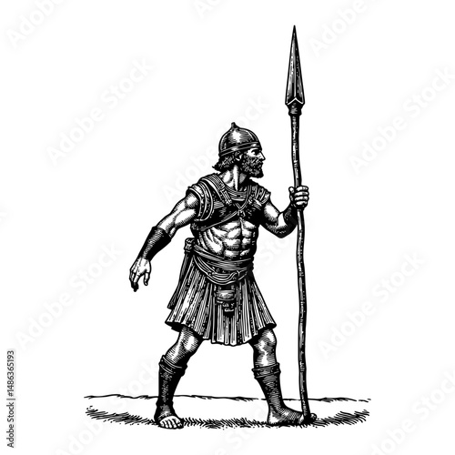 A Warrior Holding Spear Detailed Antique Style Black and White Outline Line Art Drawing