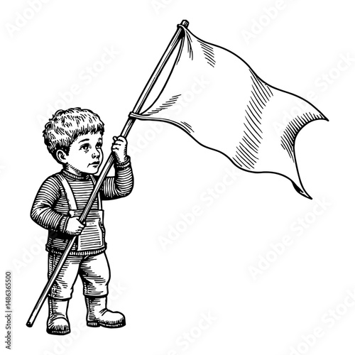 Sad Little Boy Holding White Flag Symbol of Surrender Black and White Outline Line Art Drawing