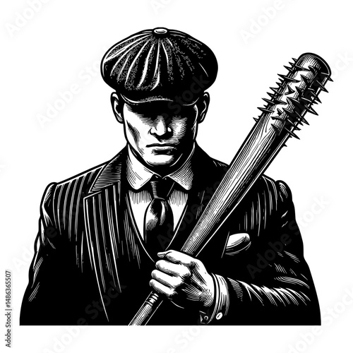 Vintage Gentleman Thug with Flat Cap Holding Baseball Bat with Spikes Black and White Outline Line Art Drawing