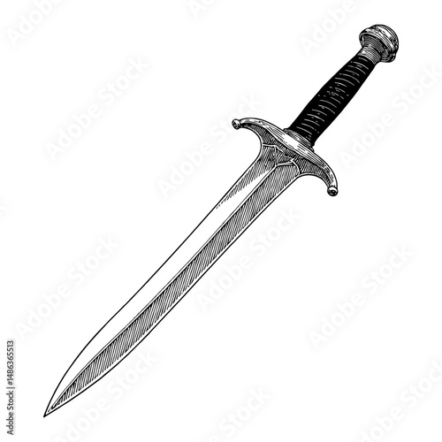 Dagger Isolated with Detailed Engraving in Black and White Outline Line Art Drawing