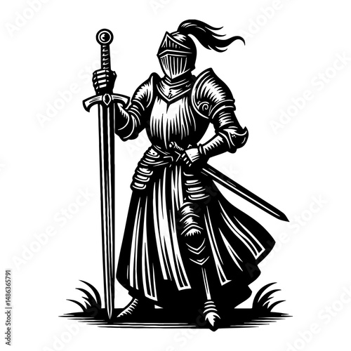 Knight Holding Sword in Armor Medieval Warrior Black and White Outline Line Art Drawing