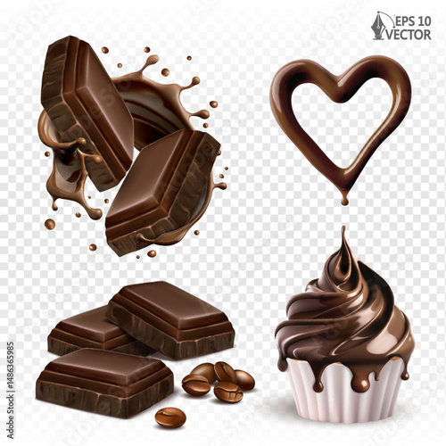 Realistic chocolate splash with slices inside. Vector set of different desserts isolated on white background. Chocolate cupcake, mousse, muffin. Food illustrations, design elements