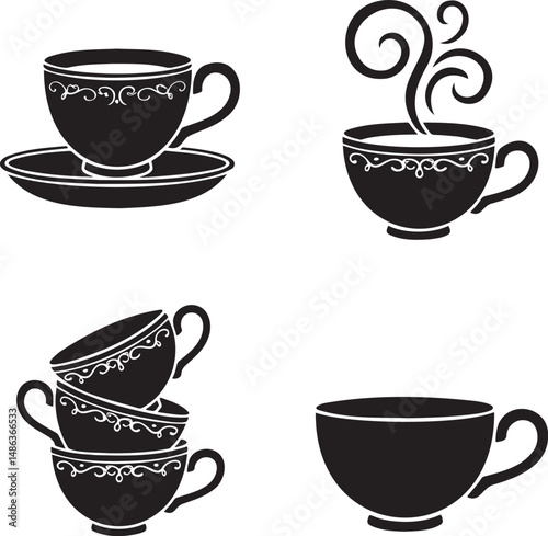 Tea Cup silhouette set vector illustration isolated On Transparent Background