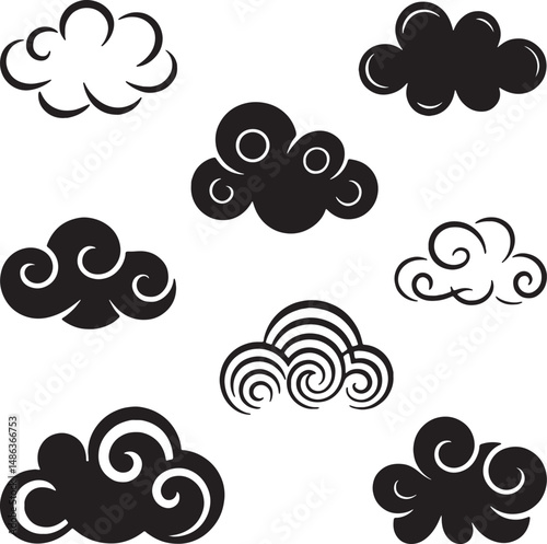 Asian style cloud collection black white design elements