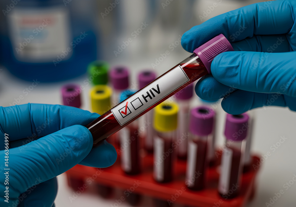 Naklejka premium Analyzing HIV Blood Sample with Check Mark in Laboratory Setting